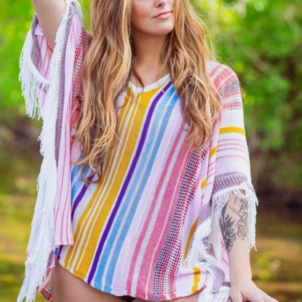Meet Curve OS Bohemian Fringed Knit Swimsuit Coverup NWT